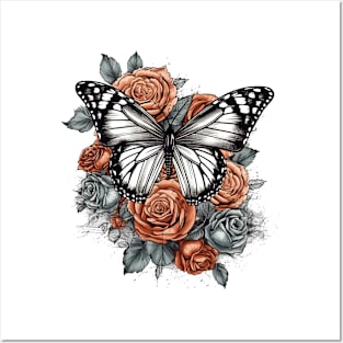 Butterfly and Orange Roses Posters and Art